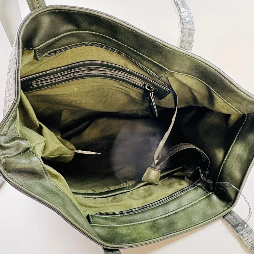 Unique Large Olive Green Distressed Faux Leather Studded Tote Crossbody BOHO